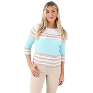 NWT Marble 7020 Blue Beige White Stripes 3/4 Sleeve Pullover Sweater Small